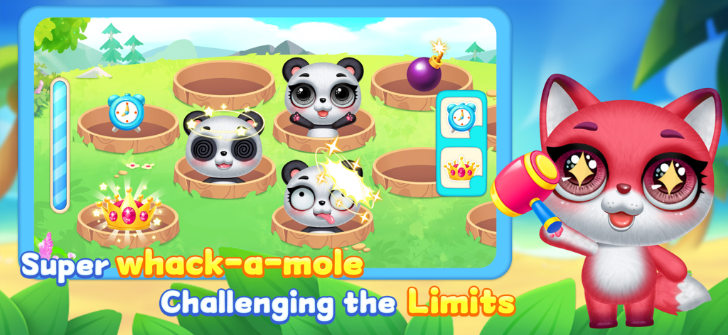 Cute Pets Dream Paradise - 장난감 망치를 들고 있는 귀여운 팬더 캐릭터와 붉은 여우가 등장하는 두더지 잡기 미니 게임