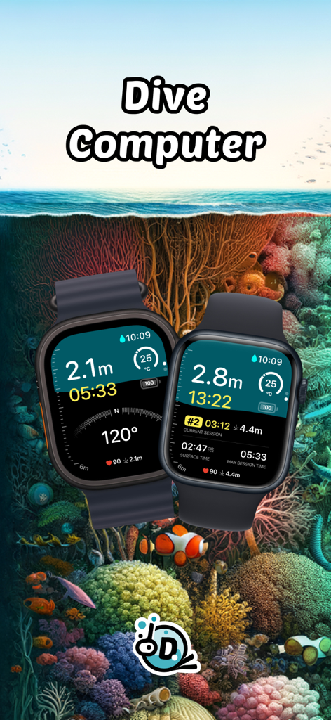 Zwei Apple Watch Ultra-Geräte, die die DIVEROUT-Tauchcomputer-Oberfläche über einem bunten Unterwasser-Korallenriff anzeigen