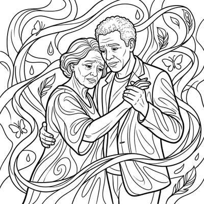 This poignant coloring page for seniors depicts an elderly couple dancing, symbolizing shared grief and remembrance. It offers a gentle, creative outlet for emotional expression and contemplation.