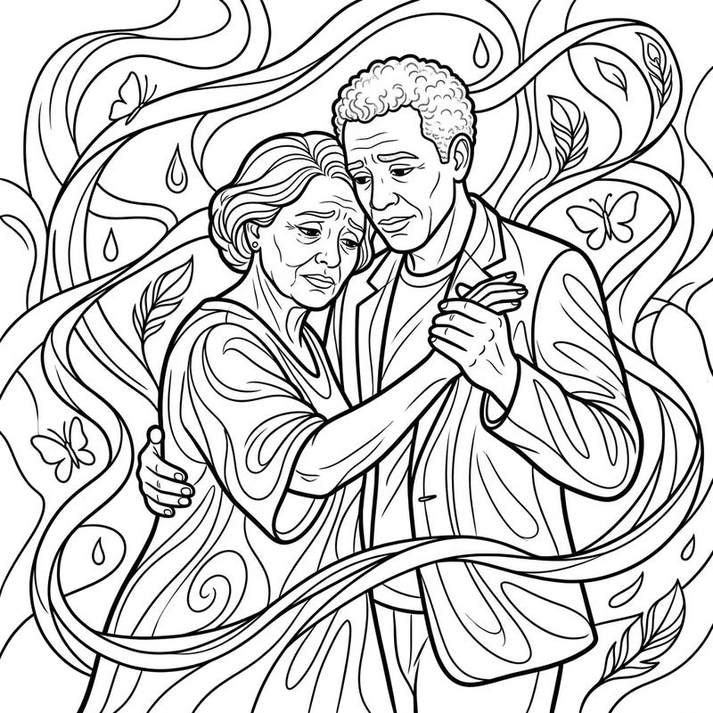 This poignant coloring page for seniors depicts an elderly couple dancing, symbolizing shared grief and remembrance. It offers a gentle, creative outlet for emotional expression and contemplation.