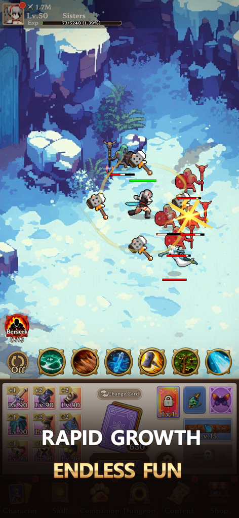 Dungeon Sisters : IDLE RPG - A gameplay screenshot showing pixel art combat and character equipment management in Dungeon Sisters IDLE RPG.