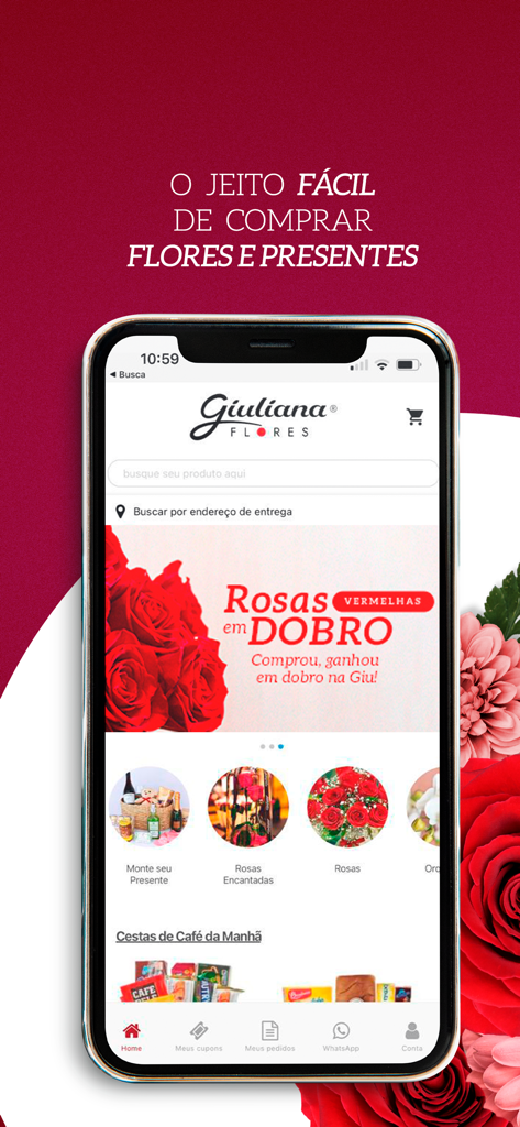 Giuliana Flores - Tela inicial do aplicativo Giuliana Flores mostrando arranjos de flores e categorias de cestas de presentes para entrega no Brasil