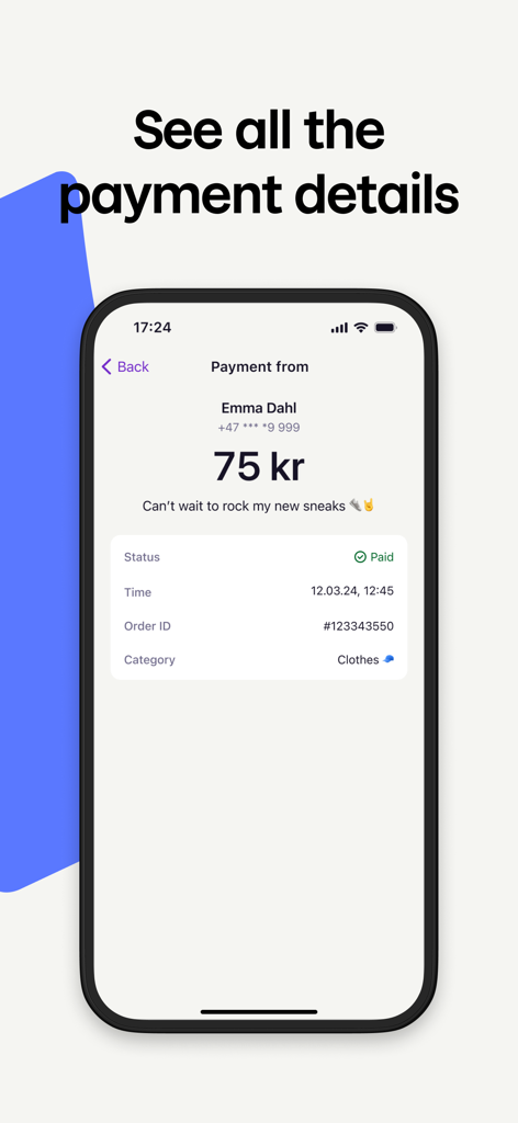 Get paid - by Vipps MobilePay - Screenshot of the Get Paid app showing transaction details for a completed payment of 75 kr