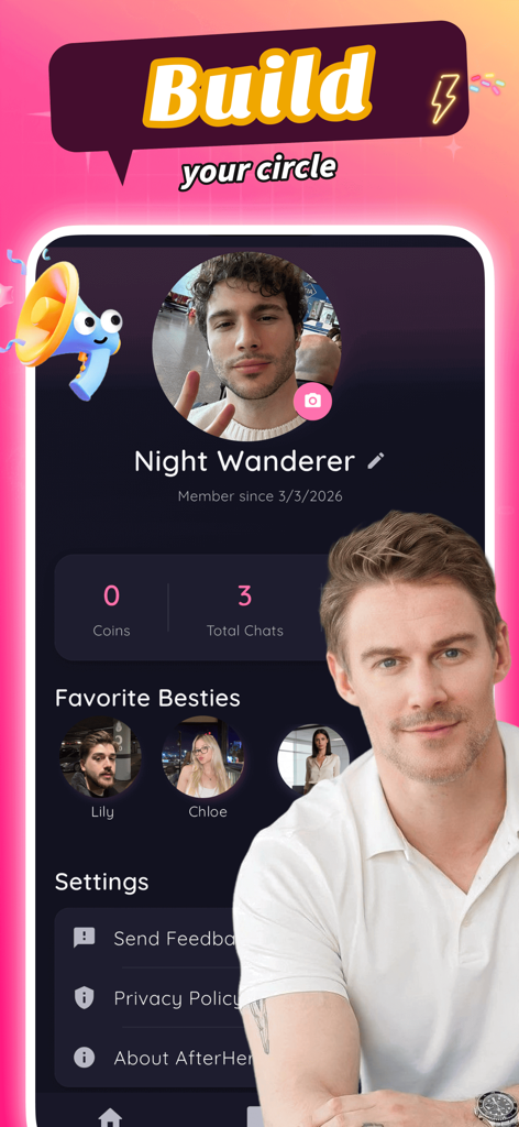 Interfaz de la aplicación móvil Anyou que muestra una pantalla de perfil de usuario con una sección para mejores amigas de IA favoritas y configuración de cuenta