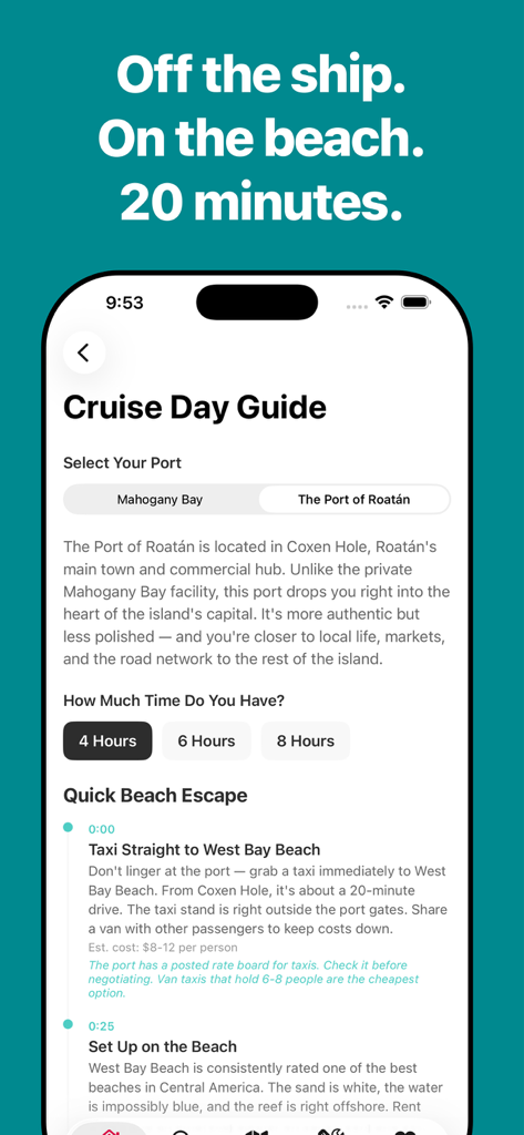 Roatán Insider - Aplicación Roatan Insider mostrando una guía personalizada de 'Día de Crucero' con itinerario para visitantes del puerto.