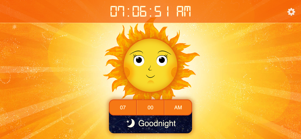 Die Benutzeroberfläche am Tag der Sonne zu Mond Schlafuhr App mit einer lächelnden Sonne und einer Gute-Nacht-Taste