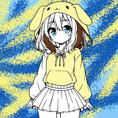 pretty anime girl wearing a fluffy hoodie with bunny ears on the hood and a skirt