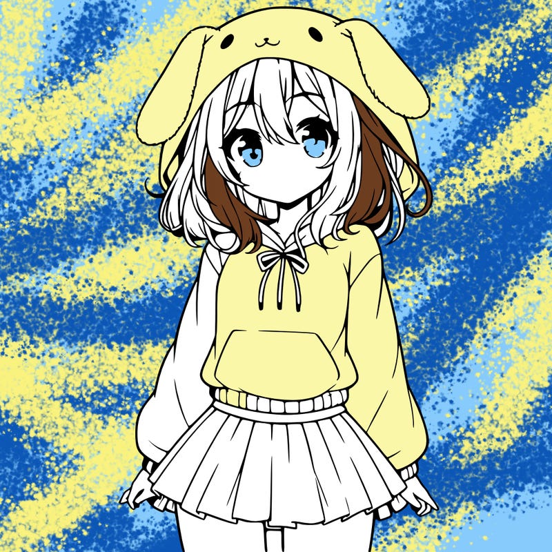 pretty anime girl wearing a fluffy hoodie with bunny ears on the hood and a skirt