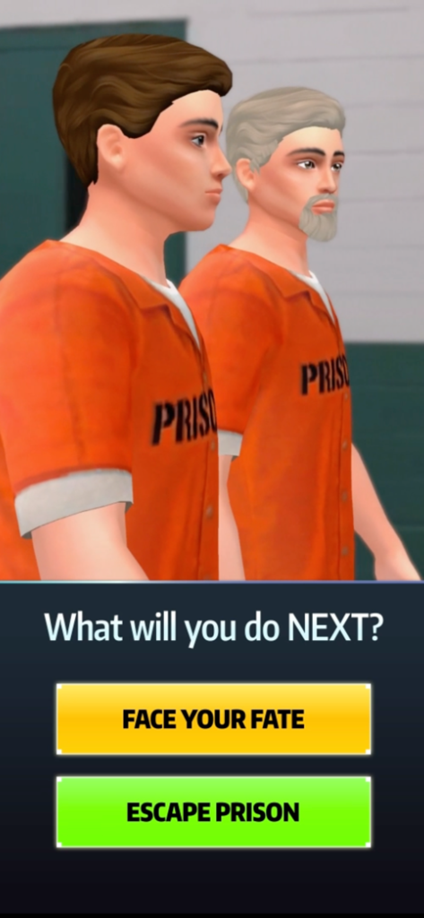 Pawn to Don Mafia Crime Story - オレンジ色の囚人服を着たキャラクターたちが、運命を受け入れるか刑務所から脱獄するか選択する、Pawn to Donのゲームプレイ画面。