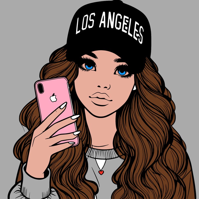 realistic beautiful girl wearing los ángeles cap holding an iphone