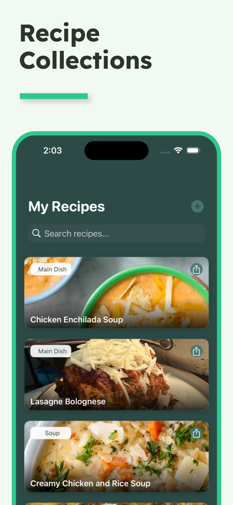 PlateMate AI - Interface of the PlateMate AI app showing a list of saved recipes including Chicken Enchilada Soup and Lasagne Bolognese.