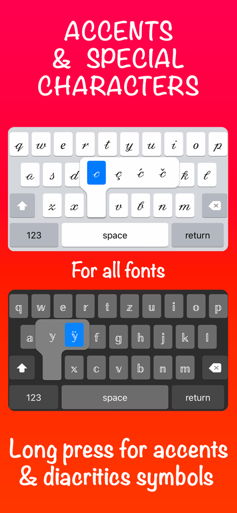 Teclado Fontes Personalizadas mostrando como acessar caracteres especiais e acentos pressionando longamente as teclas.