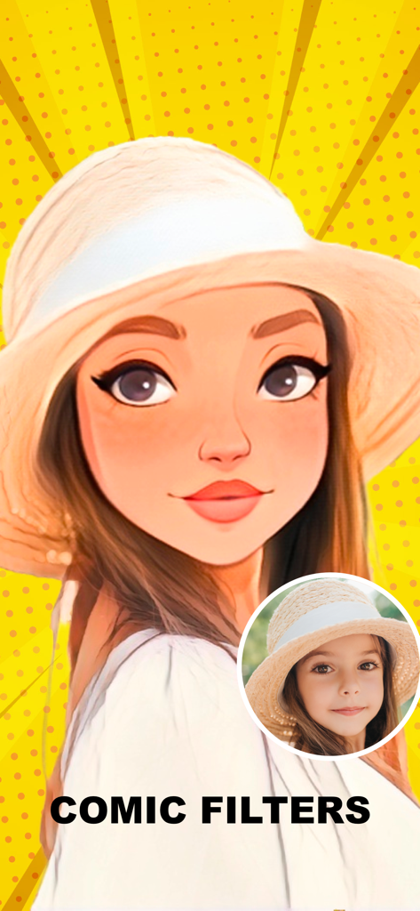 Cartoon face maker：Photo Art - コミックフィルターを使用して、太陽の帽子をかぶった女性のカートゥーン変換