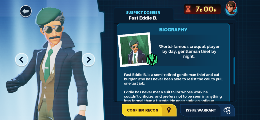 Suspect dossier screen for Fast Eddie B in the Carmen Sandiego game showing character biography and options to issue a warrant