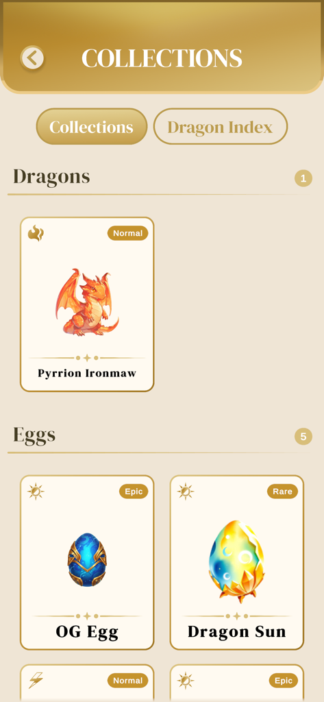 Fluffle: Focus With Dragons - Fluffleアプリのコレクションメニューのスクリーンショット。通常のパイリオン・アイアンモーのドラゴンと、OGエッグやドラゴンサンなどのエピックおよびレアなドラゴンの卵が表示されています。