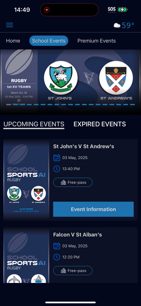 My Sports Ai - List of upcoming African school rugby matches on the My Sports Ai mobile app.