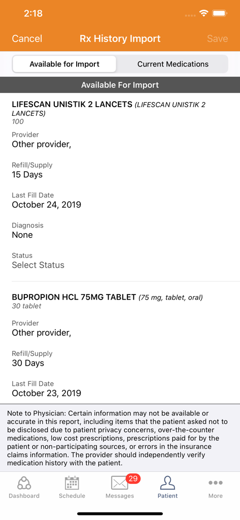 Interfaz de la aplicación AdvancedMD Mobile que muestra la pantalla de Importación de Historial de Recetas con una lista de medicamentos del paciente y detalles clínicos