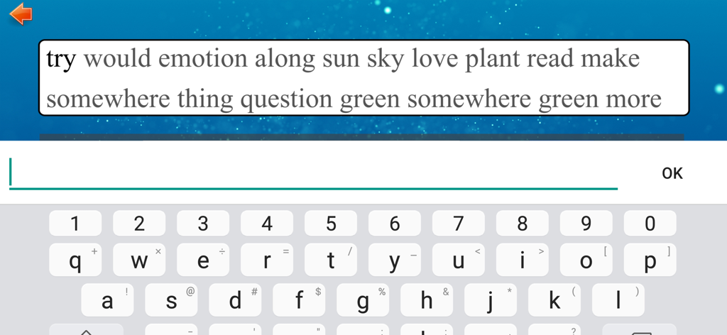 Interface de l'application de test de frappe montrant le mode de pratique de mots avec un clavier mobile