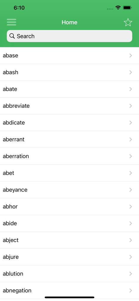 A list of vocabulary words for GRE preparation in the mobile app