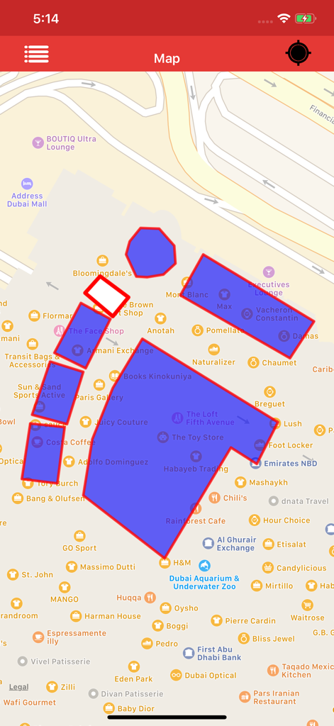 Kml Viewer-Kml Converter app - Interfaccia dell'app KML Viewer che mostra sovrapposizioni di poligoni blu su una mappa