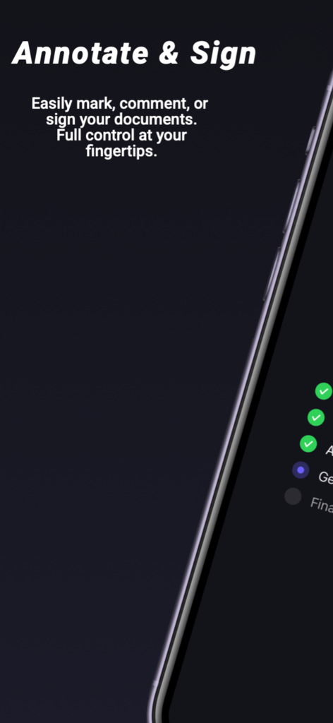 Scanly - AI Scanner Pro Scan - Ein mobiler Bildschirm, der die Anmerkungs- und Unterschriftsfunktionen der Scanly AI Scanner App mit einer Dokumenten-Checkliste zeigt.