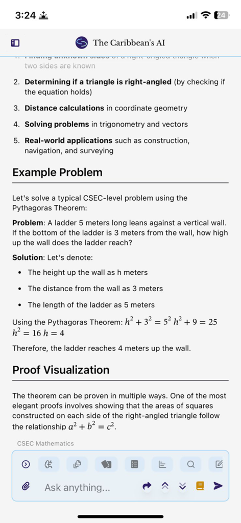 The Caribbean's AI - La aplicación móvil La IA del Caribe mostrando una lección de matemáticas de CSEC sobre el Teorema de Pitágoras.