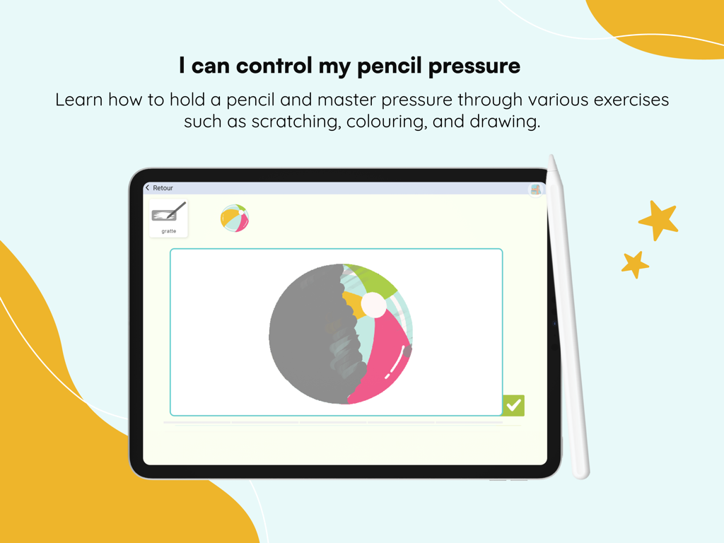 Kaligo - A tablet screen displaying a Kaligo app exercise for practicing pencil pressure while coloring a beach ball