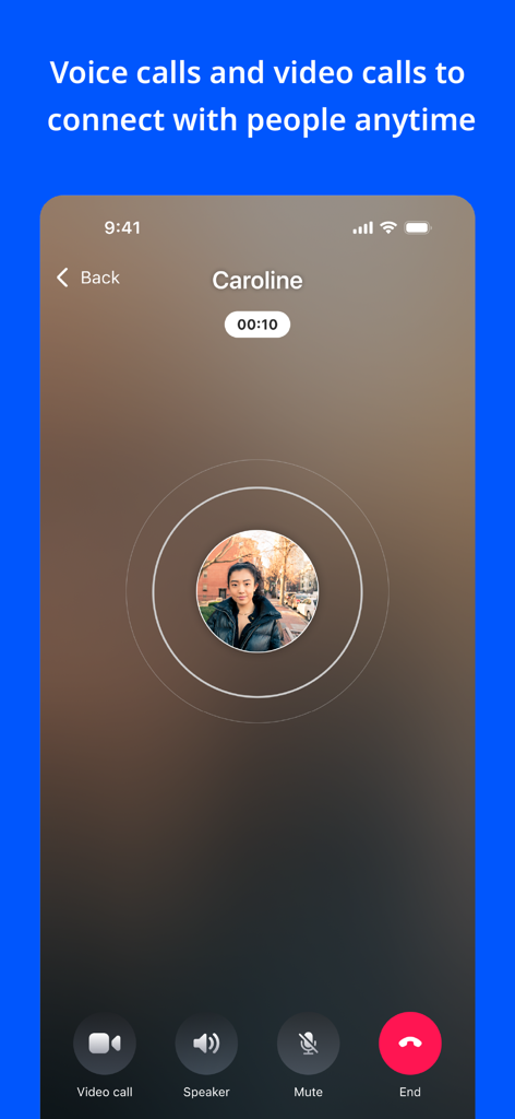 UChat - Messenger - UChat Messenger app voice call interface showing an active call with a contact named Caroline
