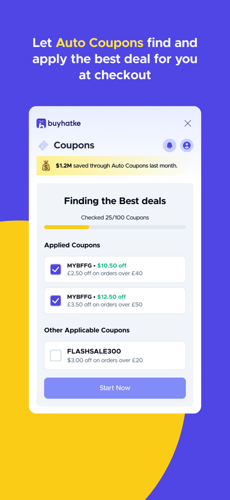 Buyhatke Price Tracker, Coupon - Buyhatke mobile app interface showing automated coupon finding and discount application at checkout