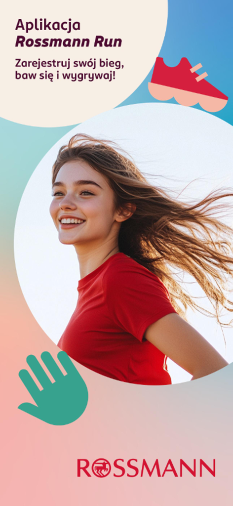 Rossmann Runモバイルアプリケーションのプロモーション画像で走る笑顔の若い女性