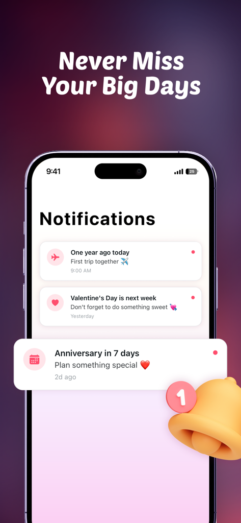 Cuties: App for Couples - Tela de notificação de relacionamento mostrando lembretes de aniversários e marcos especiais no aplicativo Cuties