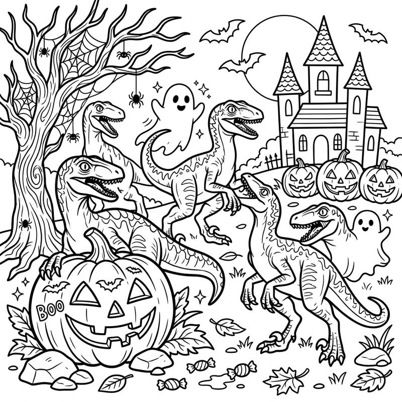 Dive into a prehistoric Halloween adventure with this exciting coloring page featuring clever velociraptors amongst jack-o'-lanterns and ghosts. It's the perfect blend of spooky fun and dinosaur thrills for all ages.