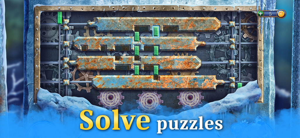 A mechanical logic puzzle in the Icebound Secrets game featuring rusty bars and green gems.