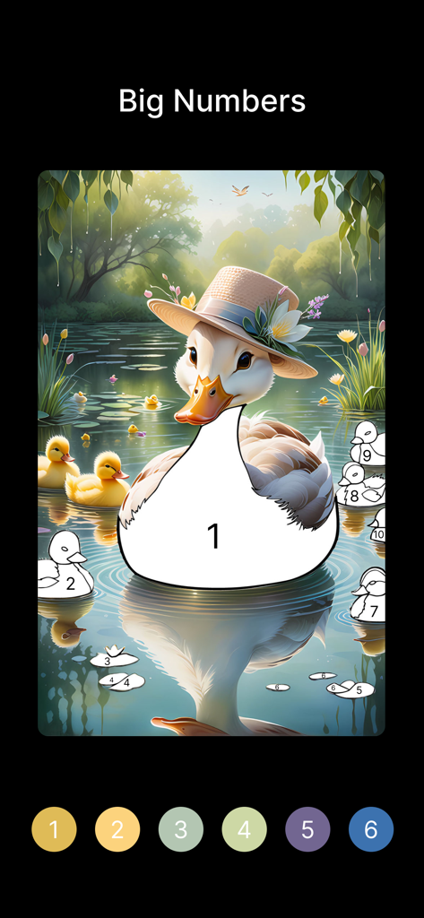 Cozy Color - Color By Number - A vision friendly color by number interface featuring a large duck in a hat and big numbers for easy visibility