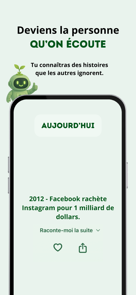 MEMO – Histoires du jour - Smartphone interface of MEMO app showing a daily historical fact about Facebook and Instagram