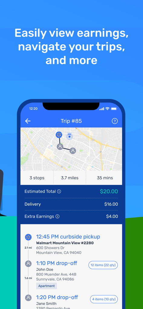 A screenshot of the Spark Driver app showing a trip itinerary with estimated earnings, delivery stops, and a navigation map.