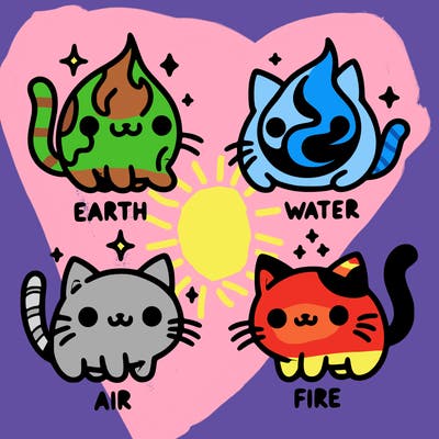 4 cats that represent the different elements, earth, water, air, and fire