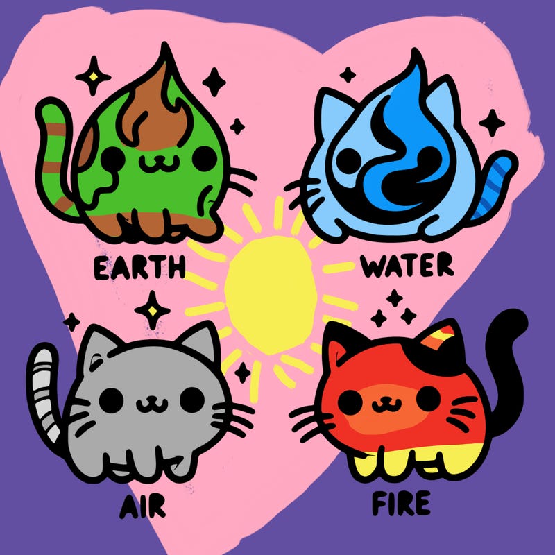 4 cats that represent the different elements, earth, water, air, and fire