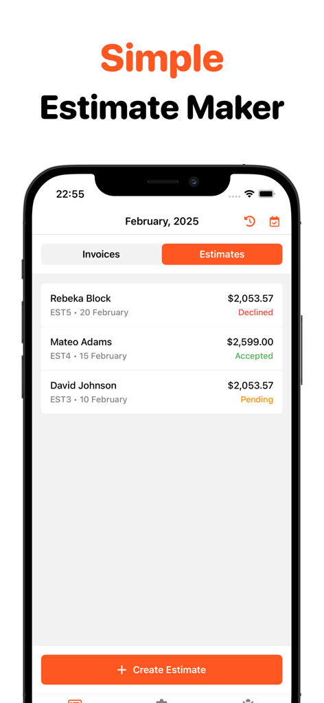 Easy Invoice Maker • Estimate - Mobile app screen displaying a list of business estimates with status indicators and a create button