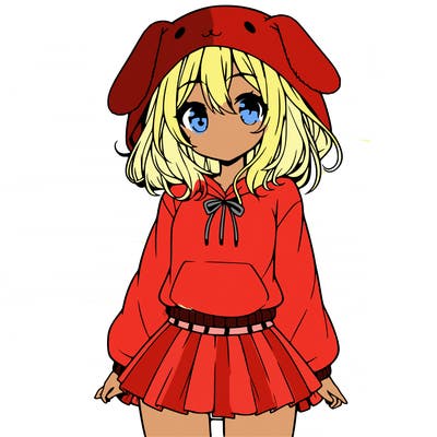 pretty anime girl wearing a fluffy hoodie with bunny ears on the hood and a skirt