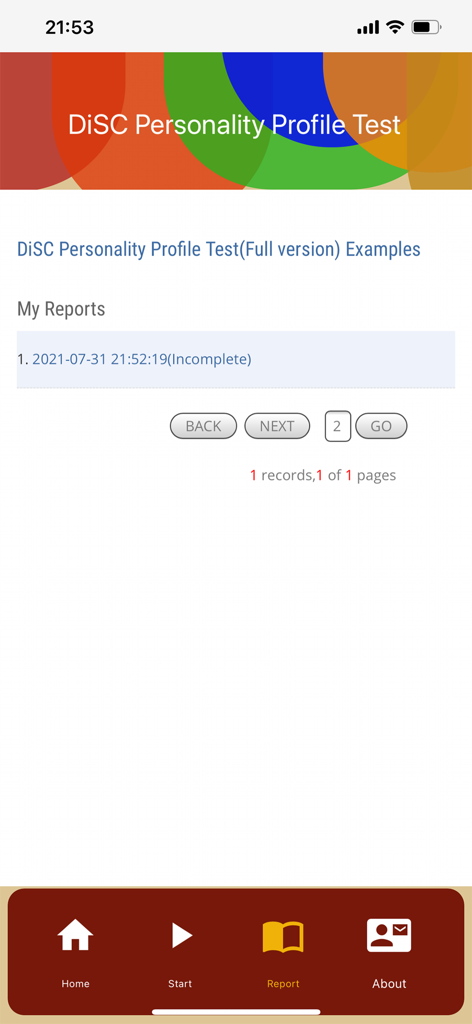 Psychological test-DiSC test - DiSC Personality Profile Testアプリの画面。アセスメント履歴と保存されたレポートが表示されています。