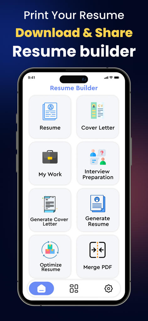 Resume Builder:AI CV Maker App - Panel principal de la app Resume Builder AI CV Maker mostrando herramientas para crear currículums y cartas de presentación