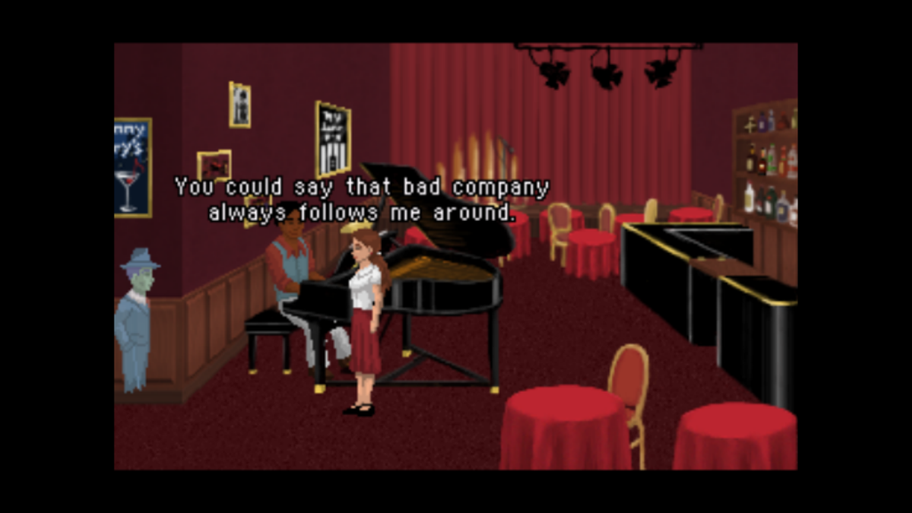 Blackwell 2: Unbound - Pixel art scene of Lauren Blackwell and ghost Joey Mallone in a 1970s jazz club