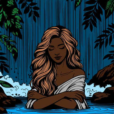 realistic female model under waterfall