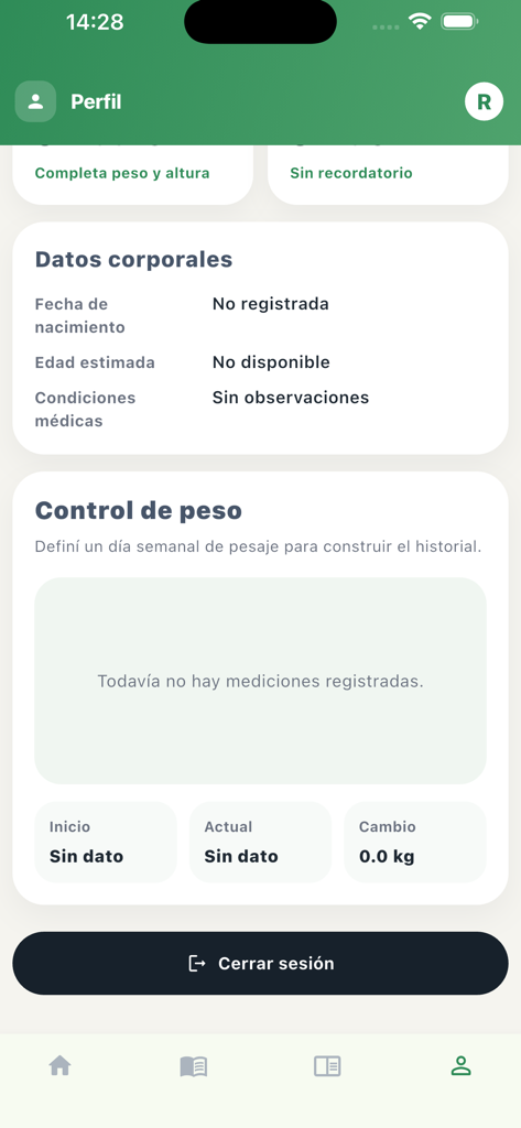 Alimente - Écran de profil utilisateur de l'application Alimente montrant les sections de contrôle du poids et de données corporelles.