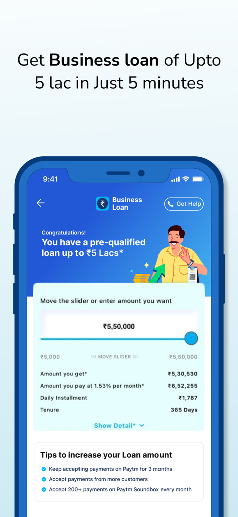 Paytm for Business app screenshot showing a pre-qualified business loan offer and repayment details