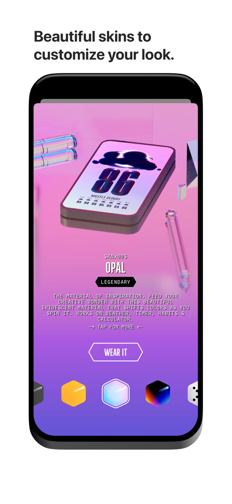 (Not Boring) Habits - Screenshot of the Not Boring Habits app showing a legendary iridescent Opal skin with a futuristic 3D design for UI customization
