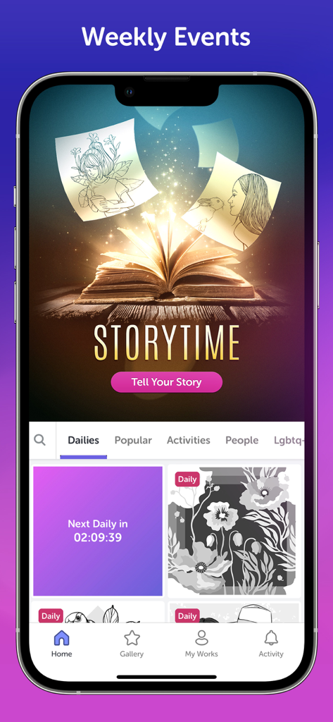 Interface of the Recolor coloring app showing the weekly events and daily coloring pages