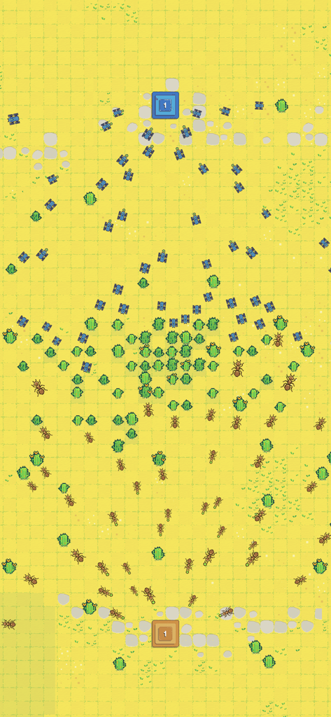 Ants vs Robots - Una batalla de estrategia en tiempo real de arriba hacia abajo entre colonias de hormigas y robots en un mapa cuadriculado.