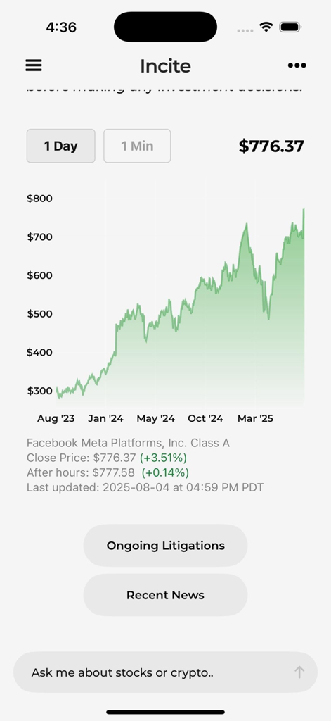 Interfaz de la aplicación móvil Incite AI que muestra un gráfico de precios de acciones en tiempo real para Meta Platforms